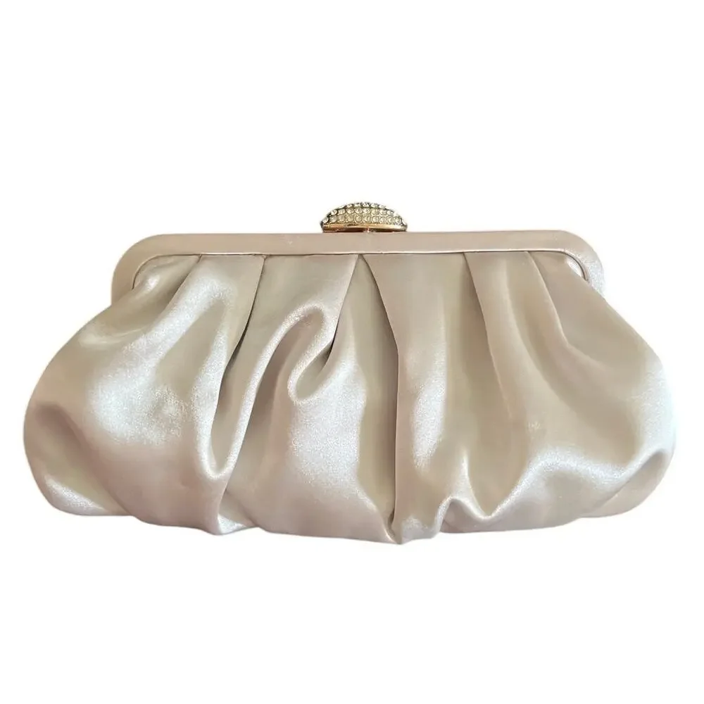 Kelly & Katie Evening Bag Pleated Clutch Satin Champagne Gold Rhinestone Chain